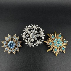 Vintage Rhinestone Brooch Lot Snowflake Star Flower Gold Silver Tone Blue Stones