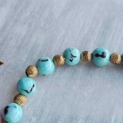 Vintage Lampwork Aqua Blue Glass Bead Necklace Textured Brass Spacers Art Glass