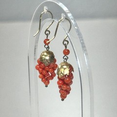 Vintage Gold Tone Red Coral Bead Grape Cluster Drop Earrings French Hook Retro