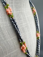 Vintage Beaded Necklace Hematite Shell Aventurine Triple Strand Gold Tone 24”