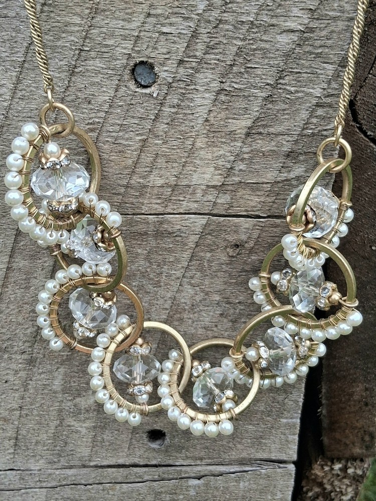 J Crew Pearl Crystal Hoop Link Draped Statement Matinee Necklace 24″ Long