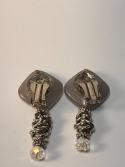 Vintage Maximalist Clip Earrings Chunky Abstract White Lucite Mixed Metal Tones