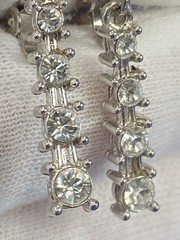 Vtg Silvertone 4 Rhinestone Linear Bezel Set Dangle Drop Clip On Estate Earrings