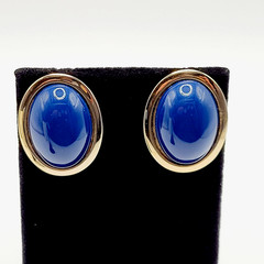 Modernist Navy Blue Slight Dome Lucite Oval Polished Gold Tone Pierced Earrings