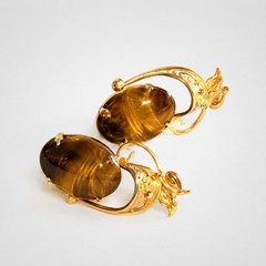 1/20 Gold Filled Tiger Eye Clip-On Earrings Vintage Floral Filigree 1.25″ bc-46