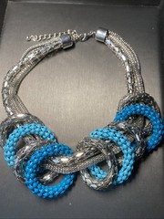 Vintage Graziano Mesh Chain Runway Necklace Estate Jewelry Statement Blue Enamel