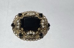 Vintage West Germany Filigree Gold Tone Pearl & Black Rhinestone Brooch Pin