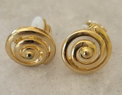 Retro Gold Tone Clip-On Earrings Sphinx Drop & Spiral Button VTG