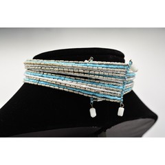 Vintage Beaded Choker Necklace Chunky Silver White Sky Blue Chunky 1990s Bin4A