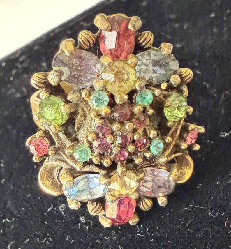 Vintage Gold Tone Adjustable Rhinestone Ring Hollycraft Pastel Rhinestones
