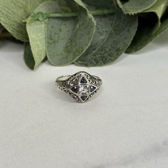 Vintage Sterling Silver Art Deco Edwardian Inspired Topaz Ring Filigree Size 7