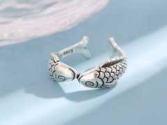 Retro 925 Sterling Silver Goldfish Open Ring Adjustable Animal Jewelry Women