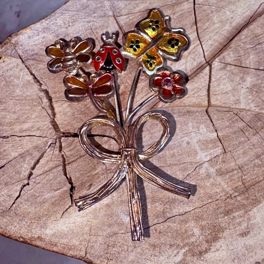 Vintage KC Signed Silver Tone Flowers Butterfly Bee Ladybug Brooch Pin