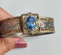 Antique JJ White Art Deco Rhodium/Gold Filigree Hinge Bracelet Blue Czech Stone