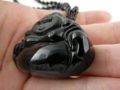 Black Onyx Carved Buddha Pendant Necklace Black Beaded Strand No Clasp 68.5g