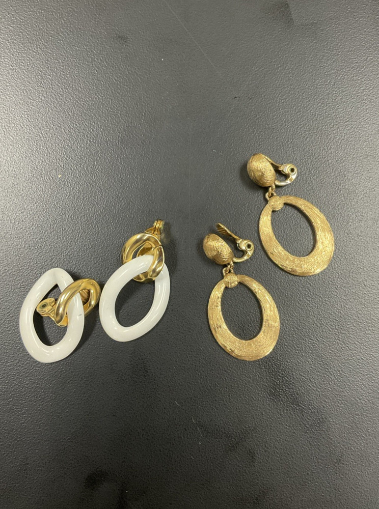 Vintage MONET Clip On Set Gold Tone & White Enamel/ Gold Texture Dangle Hoops