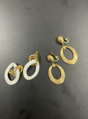 Vintage MONET Clip On Set Gold Tone & White Enamel/ Gold Texture Dangle Hoops