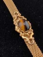 Vtg Gold Tone Mesh Buckle Bracelet Tiger’s Eye Cabochon Victorian Revival 1960s