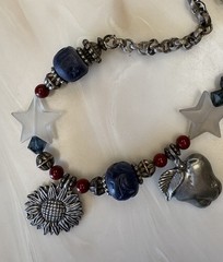 Marcie Signed 27” Pewter Charm & Beads Necklace PATRIOTIC Angel Picnic Sunflower