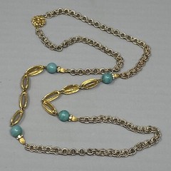 VTG Chain Necklace Aqua Glass Beads Brushed Two Tone Gold Silver Flower Clasp 28
