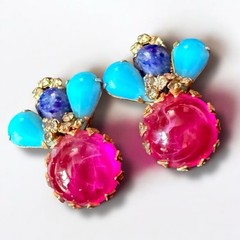 Scaasi Earrings Signed Poured Glass Clip On Pink Turquoise Vintage Statement