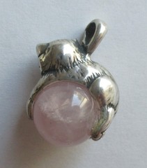 1in VINTAGE STERLING SILVER ROSE QUARTZ ORB CAT PENDANT POOLS OF LIGHT STYLE