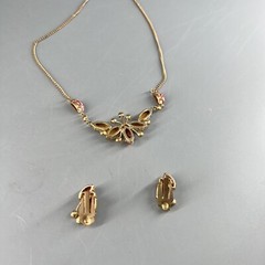 Vtg Rhinestone Marbled Opalescent Butterfly Collar Necklace & Earrings As Is
