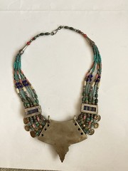 Vintage Tribal Necklace Turquoise Coral Inlay Ethnic Boho Statement Nepalese