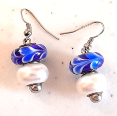 Vintage Artisan Handmade Silver Tone Blue Glass Beaded 1″ Dangle/Drop Earrings