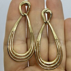 Vtg Goldtone Teardrop Triple Hoop Statement Dangle Earrings Post