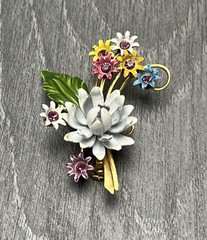 Vintage Enamel Flower Bouquet Brooch Pin White Green Pink Yellow Blue