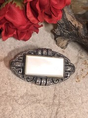 22. Art Deco Sterling Silver 925 MOP Marcasite Shadow Box Throat Pin 45mm, 17.3g