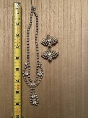 vintage rhinestone necklace & Clip Earrings; Missing One Stone As Pictured