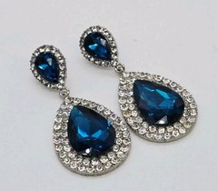 Aqua Blue Crystal Earring TEARDROP Silver Tone Pierced Dangle Couture 2.25 in