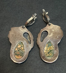 Mid Century Art Sterling SIlver Dangle Earrings Orbicular Jasper Grapevine Lever