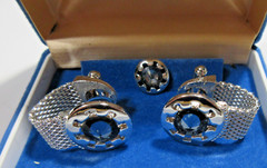 VTG SWANK mesh WRAP Men SET Cuflink Lapel Tie tac pin Blu Rhinestone Silver Tone