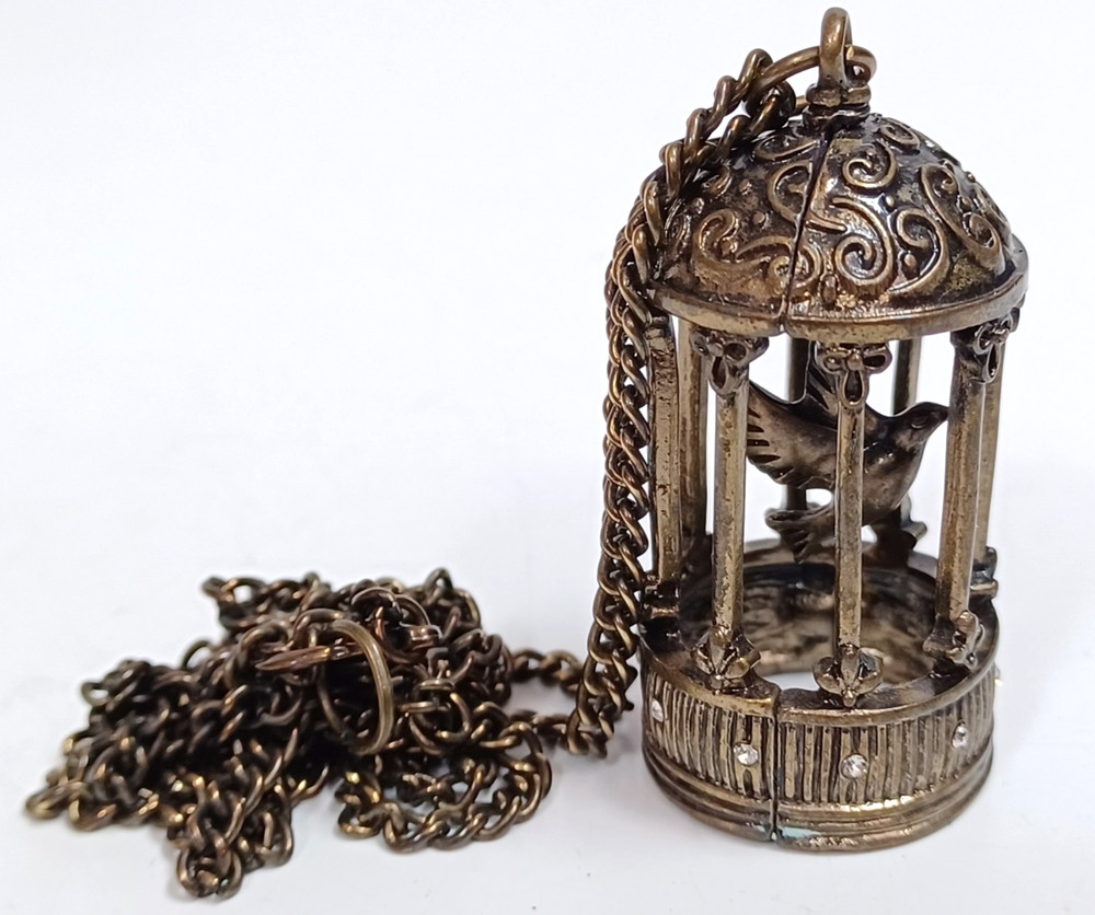 Brass Tone Bird in Cage Pendant Necklace 32″ Chain Vintage Style