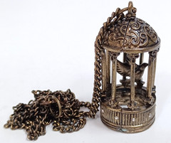 Brass Tone Bird in Cage Pendant Necklace 32″ Chain Vintage Style