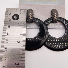 VintageBlack Onyx Door Knocker Earrings Hoops Omega Back Silver Tone 80s 90s