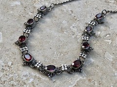 ✨VINTAGE GARNET Floral Link NECKLACE Stamped 925 STERLING SILVER ESTATE Jewelry