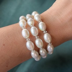 Faux Pearl Bracelet Memory Wire Crystal Multi Strand Wrap Cuff Vintage