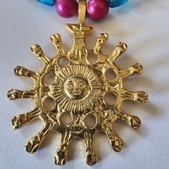 Vintage Sun Pendant Beaded Necklace Multi Color & Blue Beads Gold Tone See Pic *
