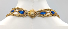 Vintage Multistrand Rope Chain Necklace Cobalt Blue Glass Gold Tone Statement