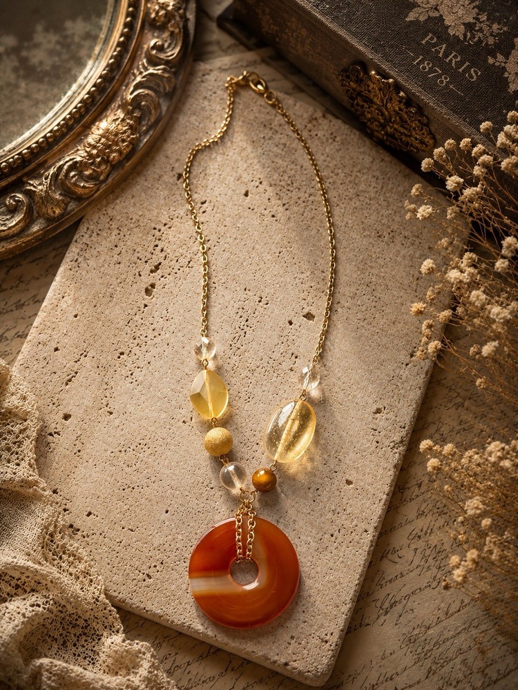 Amber Agate Donut Pendant Necklace Gold Tone Beaded Boho Statement Vintage