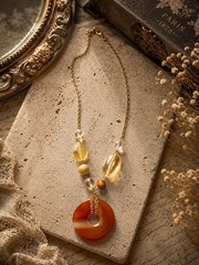 Amber Agate Donut Pendant Necklace Gold Tone Beaded Boho Statement Vintage