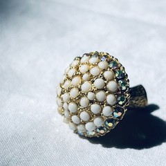Vintage Milk Glass & Rhinestone Gold Tone Mushroom Brooch