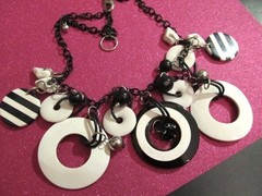 1980s Lucite & Metal Disk Charms Bells Glass Beads Necklace Black Enamel Chain