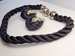 Vintage Twisted Black Cord Push Snap Lock Choker and Clip on Earring Set