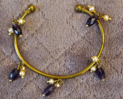 Open Brass Bracelet With Faux Pearls And Purple Rhinestone Beads