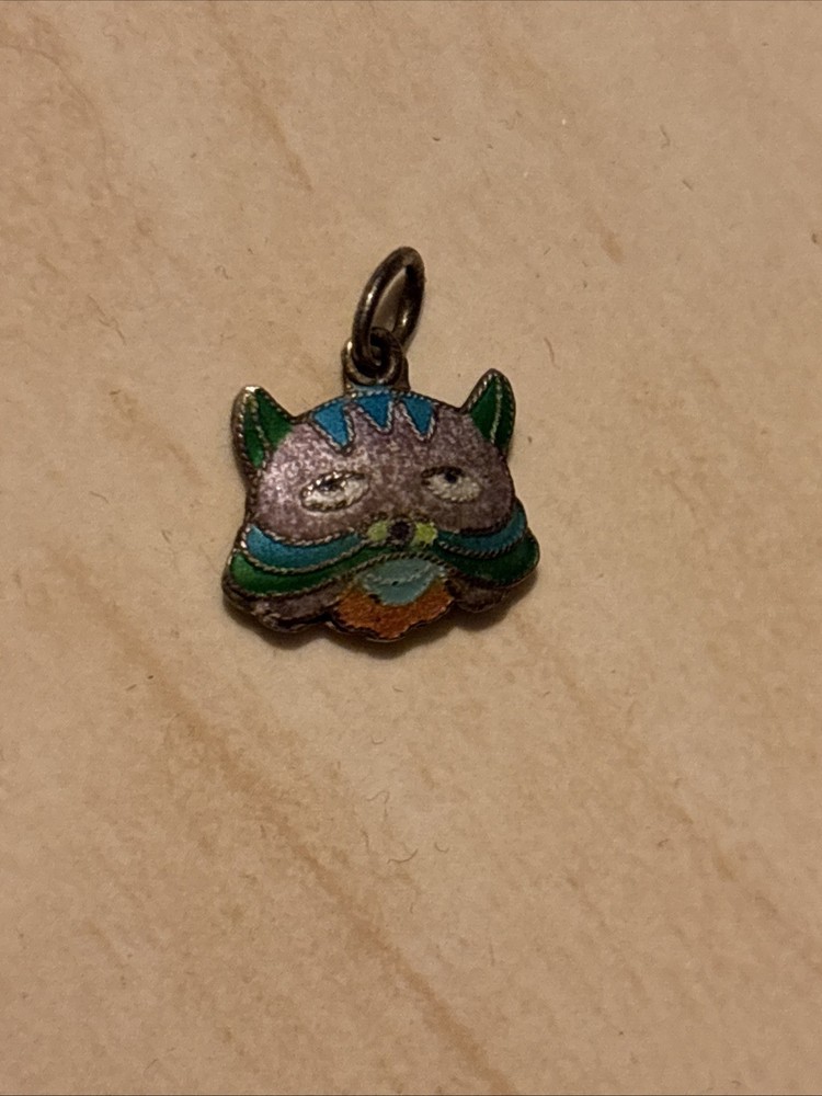 Rare Vintage 1970s Cloisonné Enamel Charm Double Sided Kitty Cat Gold Wash 0.5”